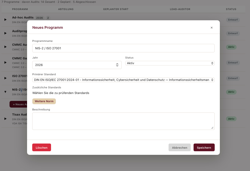 Auditprogramm in 4Cyber anlegen für NIS-2 und ISO 27001