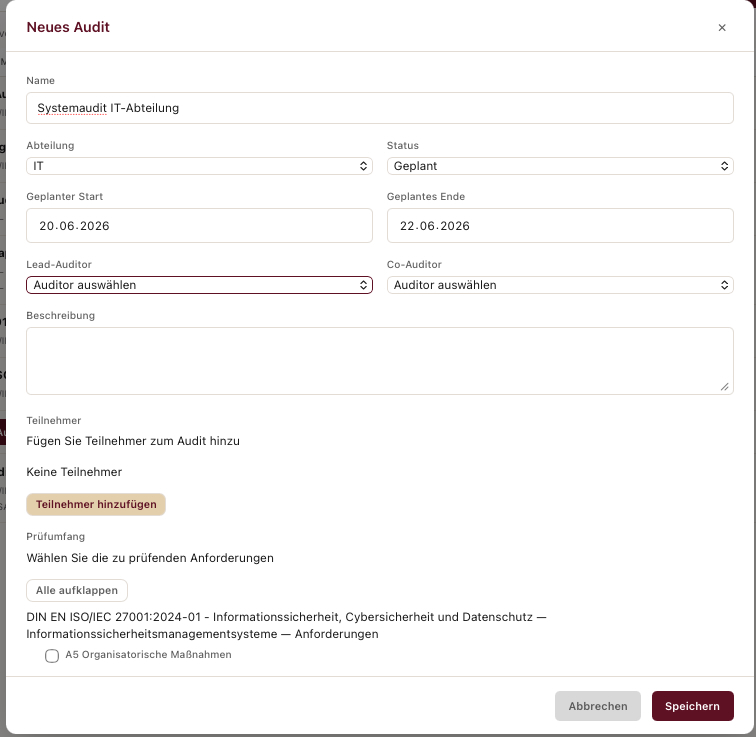 Neues Audit in 4Cyber planen mit Abteilung Zeitraum Auditoren und Prüfumfang